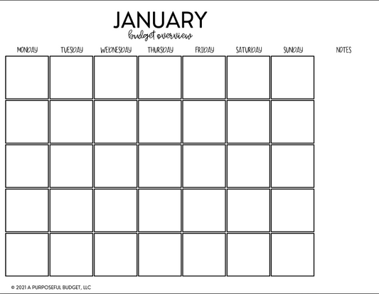 12-Month Budget Overview Calendar