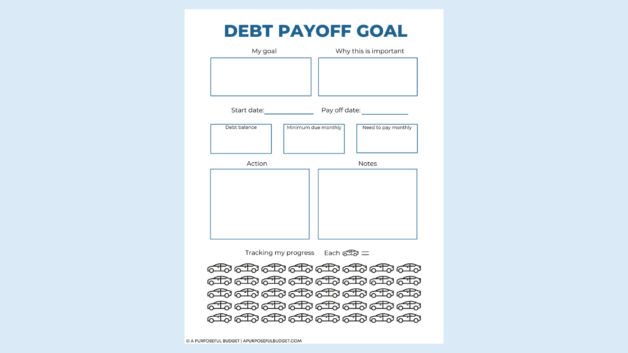 (Printable) Debt Payoff Goal Worksheet & Tracker (cars)